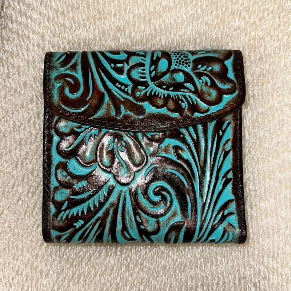 Patricia Nash Reiti RFID Tooled Floral Turquoise Brown Leather Folded Wallet